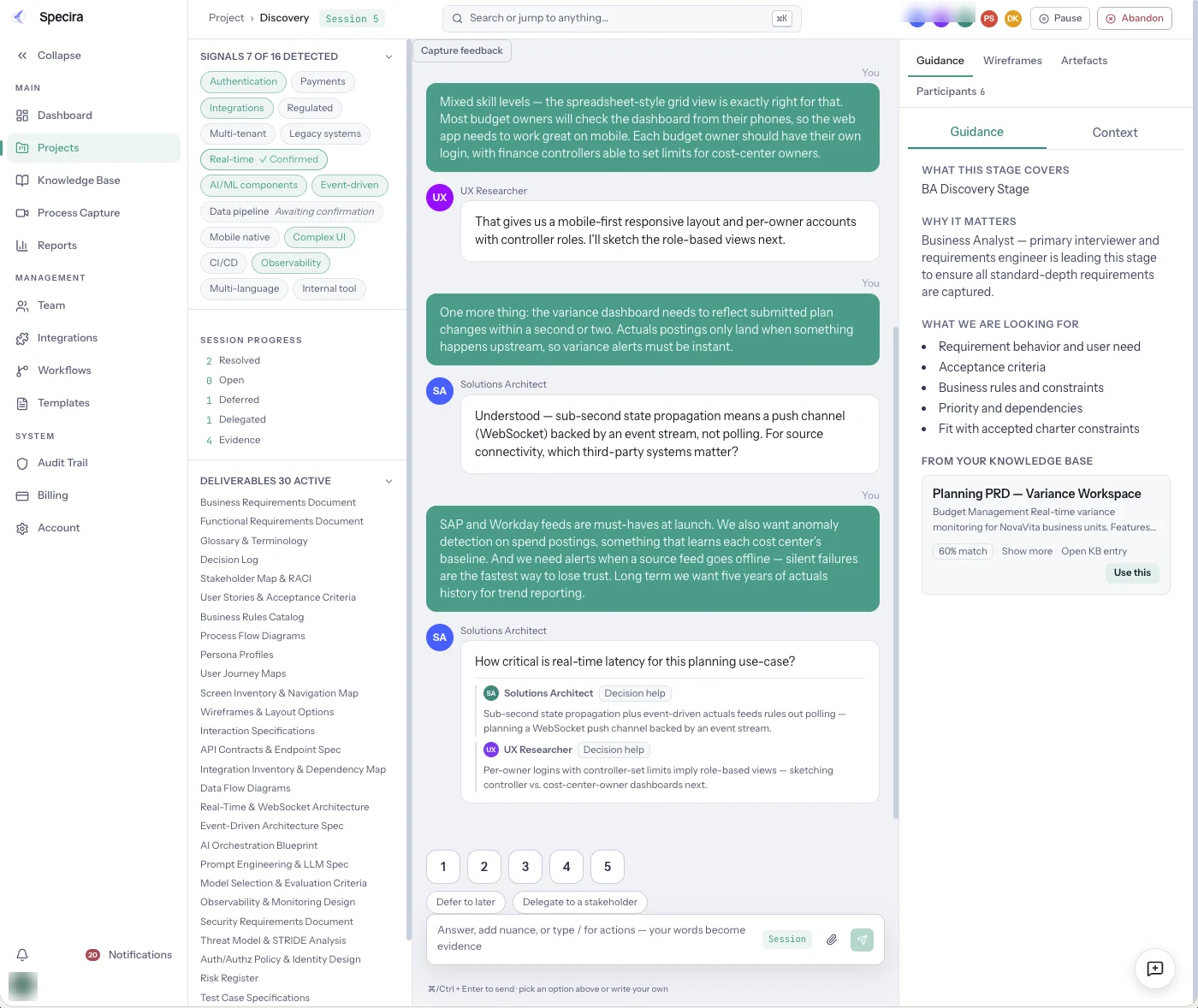 Specira discovery session with the navigation expanded: lead answer with inline agent notes, signals, deliverables and a knowledge base match