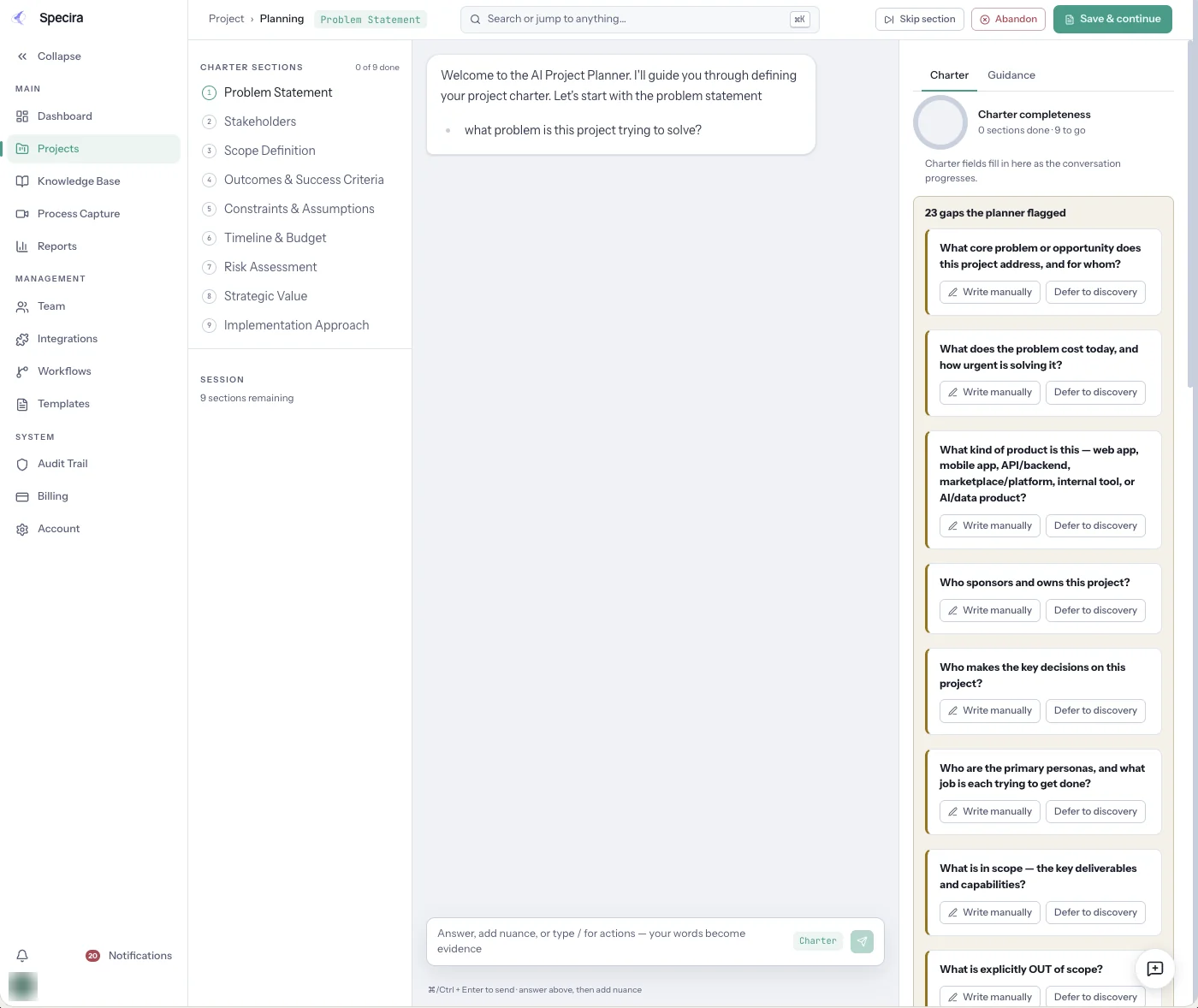 Specira AI Project Planner with the navigation expanded: charter sections and flagged gaps