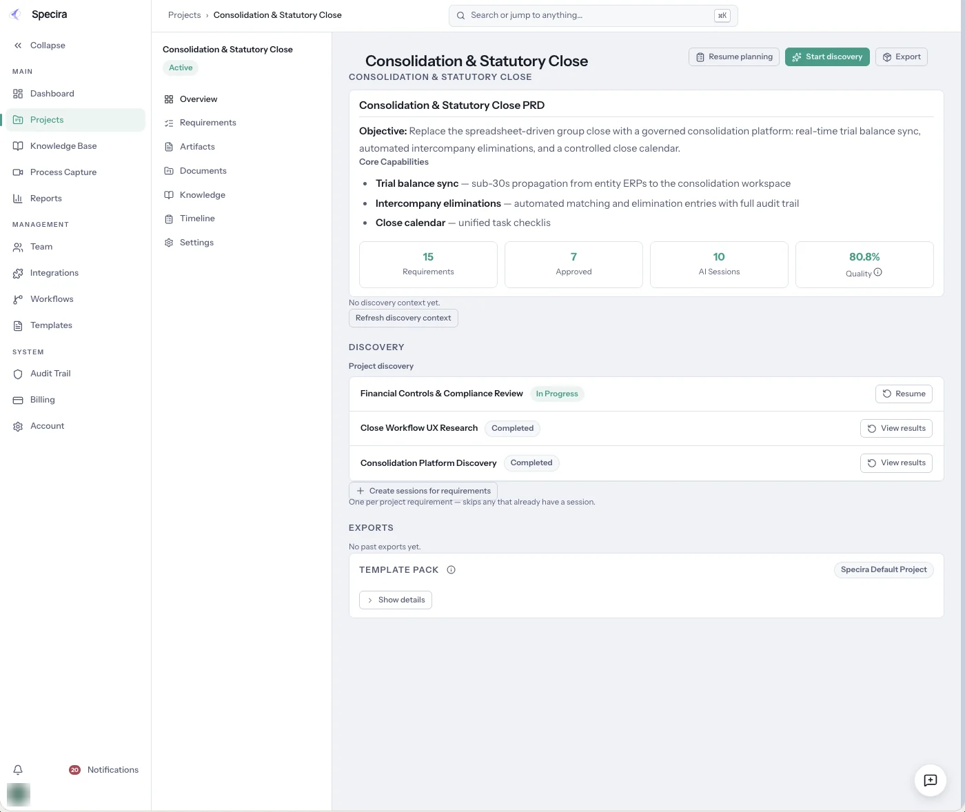 Specira project overview with the navigation expanded: PRD summary, counters and discovery sessions